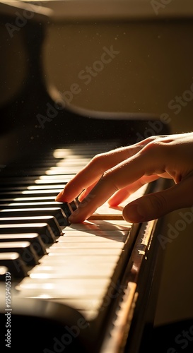 Closeup of hands playing piano keys in warm sunlight indoors