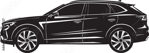 Black silhouette of a modern S U V with white outline vehicle