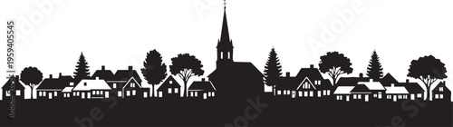 Black silhouette of a rural town with church and houses trees