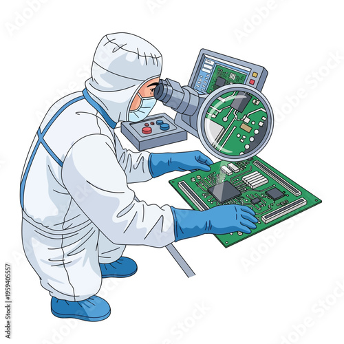 Technician in cleanroom inspecting circuit board with magnifying glass