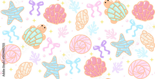 Cute pastel coastal concha pan dulce bread seamless pattern