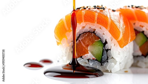 Fresh salmon sushi rolls being drizzled with soy sauce against a white background.