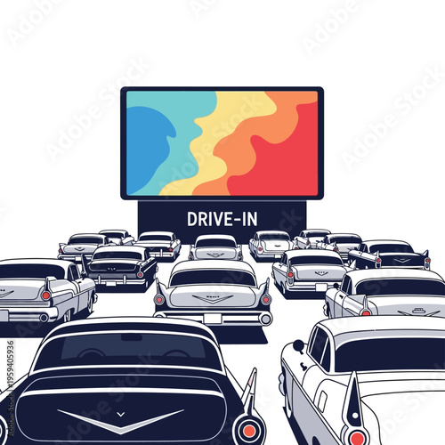 Retro Drive-In Movie Theater Scene with Cars