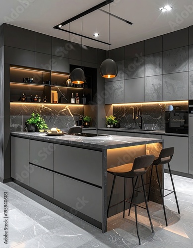 A modern and luxurious dark gray kitchen with a marble island and pendant lights.