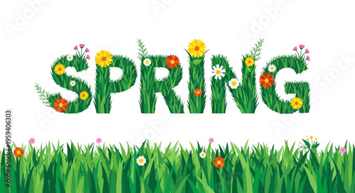 Spring word illustration with grass letters and colorful flowers on white background. Flat vector design for seasonal banner, greeting card, or poster.