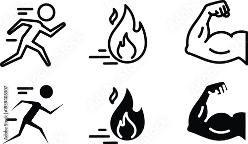 Fitness and exercise icons featuring running and strength training