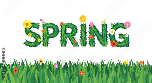 Spring Word Typography with Grass Letters and Colorful Wildflowers on White Background