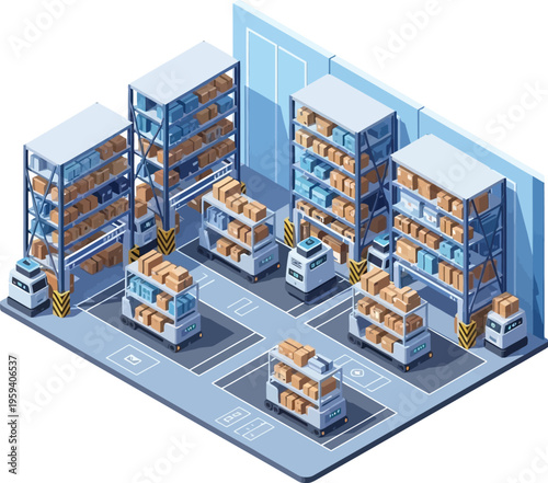 Automated warehouse robots moving boxes on shelves