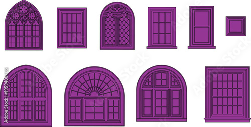 Stylized purple window design icon set featuring arched, rectangular, square, and lattice pane styles for architecture, construction, interior decoration, and heritage projects.