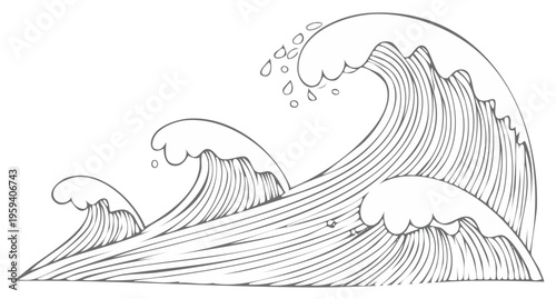 Stylized large ocean waves crashing with water droplets in a monochrome hand drawn line art illustration