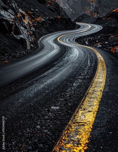 A winding mountain road illuminated by sunlight.