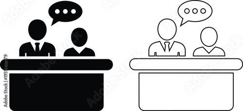 Illustration of two pairs of people in discussion at separate desks