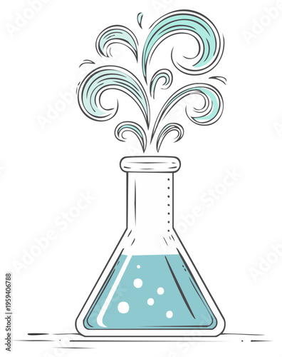Science laboratory flask doodle with active chemical reaction and swirling steam vapor