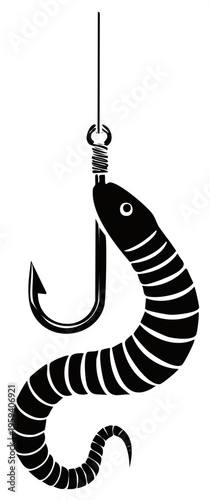 Worm Bait on a Fishing Hook Monochrome Illustration for Angling