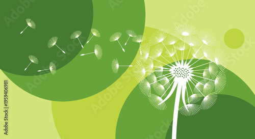 Minimalist Dandelion Illustration with Flying Seeds on Green Geometric Background