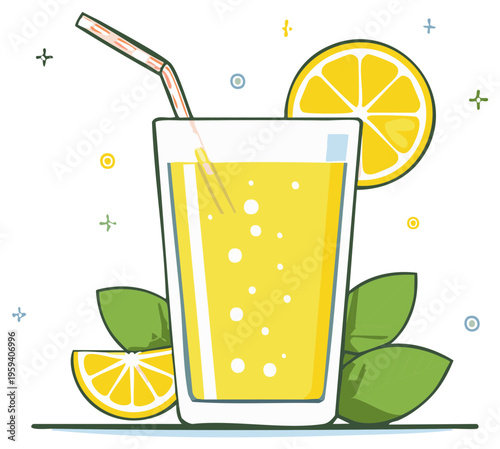 Fresh Lemonade Illustration: Refreshing Beverage with Lemon Slice and Straw