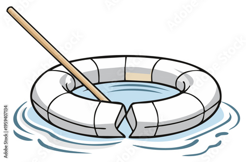 Cartoon inflatable ring raft with wooden paddle on blue water surface
