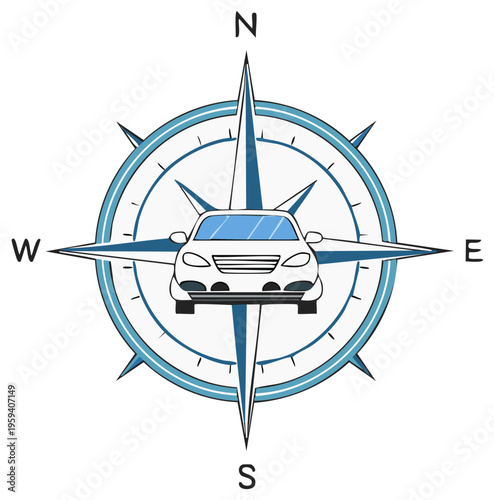 Automotive travel and direction concept with a car on a compass icon