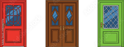 Three distinct front doors with decorative glass panels, geometric diamond patterns, wooden double design, vibrant colors, and brass handles inspiration