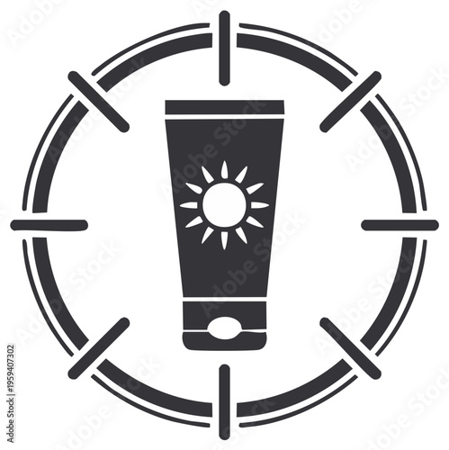 Sunscreen tube with sun icon in crosshairs protection concept