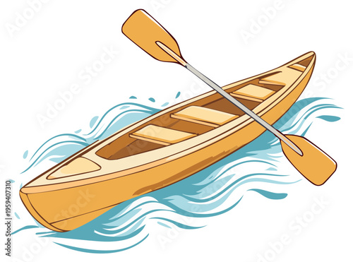 Canoe with Paddles on Wavy Water Cartoon Illustration