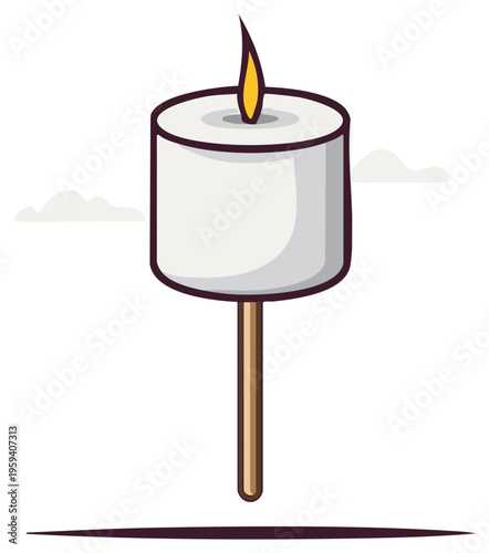 Marshmallow on a stick roasting over a flame cartoon illustration