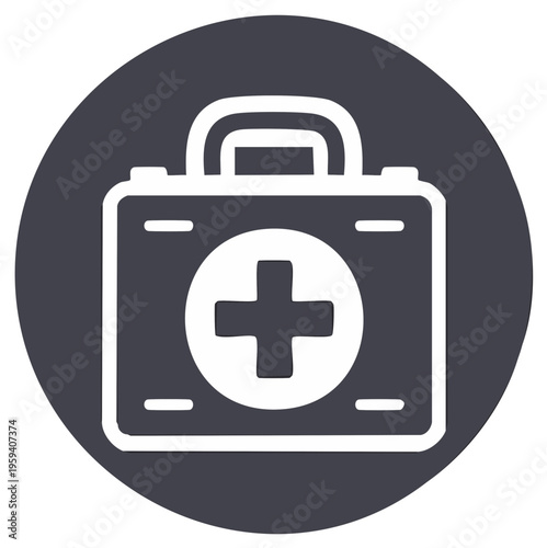 Medical kit icon on dark gray circle, first aid box with cross symbol, healthcare concept
