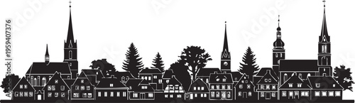 Black silhouette of a town with church steeples and trees village cityscape