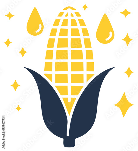 Golden Corn Cob with Falling Drops and Sparkles