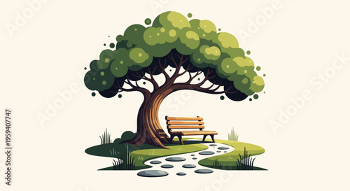 Peaceful Park Scene with Large Green Tree and Wooden Bench on White Background, Stylized Vector Art