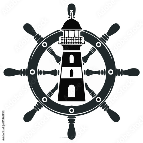 Nautical Steering Wheel with Silhouette Lighthouse Emblem