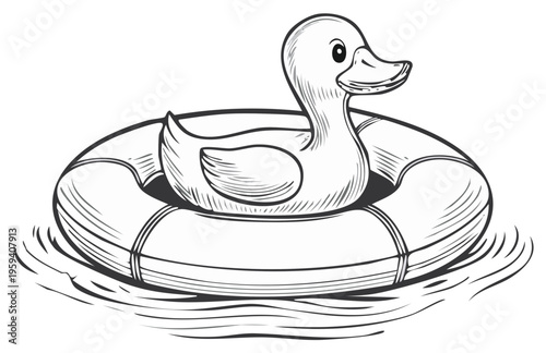 Rubber Duckie Floating in a Lifesaver on Water Surface Line Drawing Vector Illustration