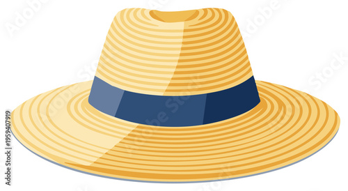 Vector illustration of a classic straw sun hat with a blue ribbon band for summer vacation