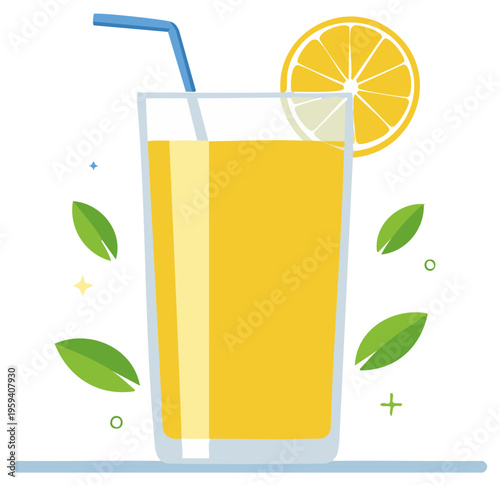Fresh orange juice in glass with straw and lemon slice illustration