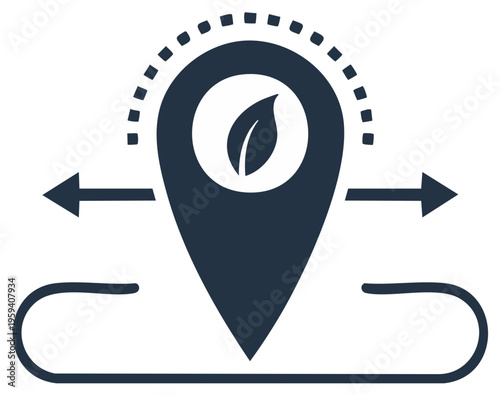Sustainable location mapping icon with eco friendly leaf symbol directional arrows and range indication