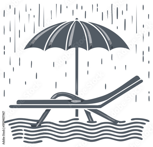 Beach chair under umbrella during rainstorm and flood on a stormy day
