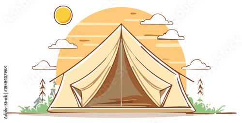 Illustration of a large canvas tent set up outdoors under a warm sun and scattered clouds with trees and grass