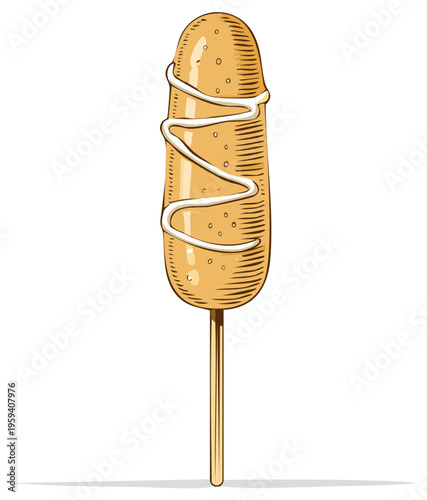 Engraved corn dog illustration with mustard, tasty fast food on a stick, cartoon style drawing, vector design for menu