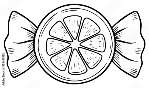 Wrapped Citrus Candy Sketch Fresh Fruit Confection Treat Black And White