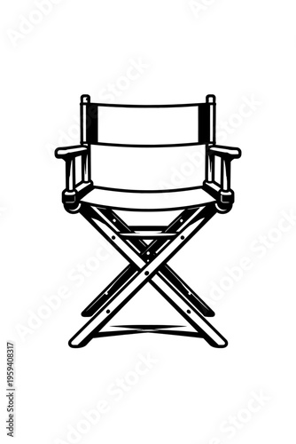 Classic folding director's chair vector illustration, black and white outline. Iconic symbol for film, theater, entertainment, movie production, creative arts. Ideal for cinema branding, graphic desig