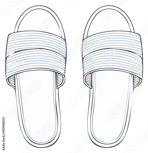 Stylized line drawing of a pair of casual slide sandals with a textured strap