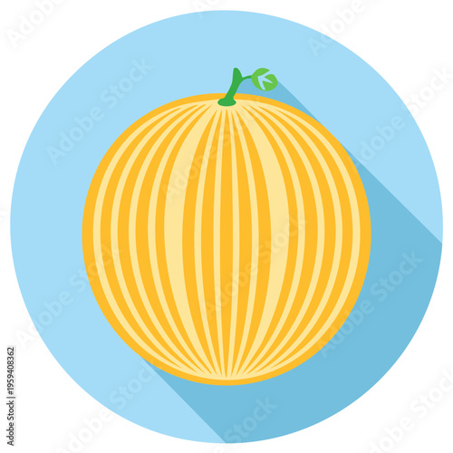 Bright yellow cantaloupe melon with green stem icon flat design