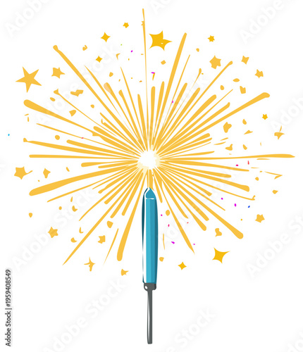 Vector Illustration of a Bright Sparkler Igniting Golden Firework Burst with Twinkling Stars