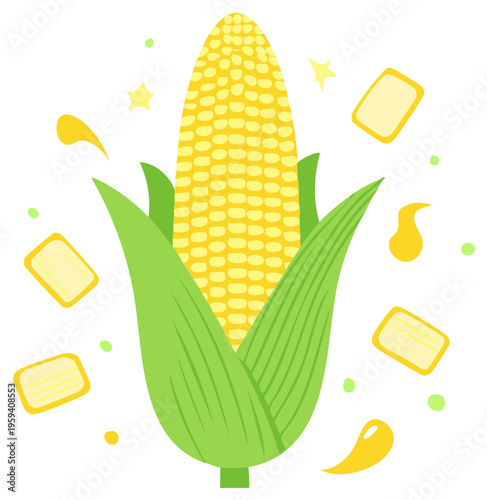 Brightly Colored Corn Ear Illustration with Scattered Kernels and Stars