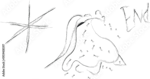   
hand drawn abstract sketch featuring star symbol, stylized ringing bell with motion lines, and decorative word end, expressive composition conveying closure, finality, and whimsical artistic celebr