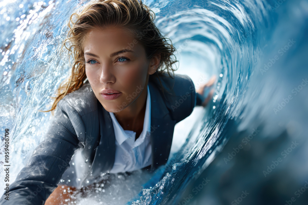 Fototapeta premium Woman surfing through ocean wave wearing business attire while showcasing determination and skill