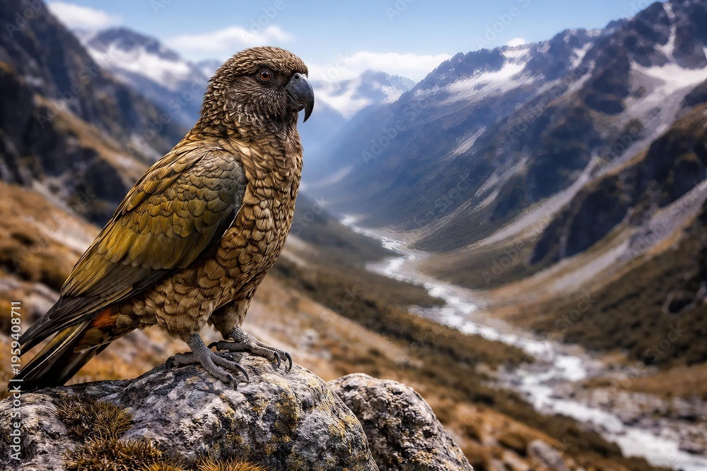Fototapeta premium kea parrot perched on rocky outcrop overlooking alpine mountain valley