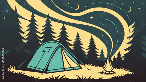 Vintage camping vector illustration, night forest landscape with tent and campfire, retro outdoor adventure scene with starry sky and pine trees