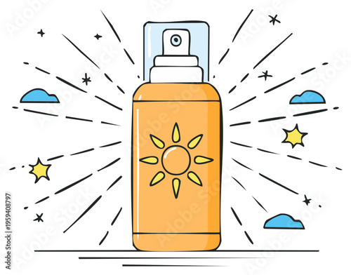 Bright Sun Protection Lotion Spray Bottle With Sun and Clouds Graphic Art