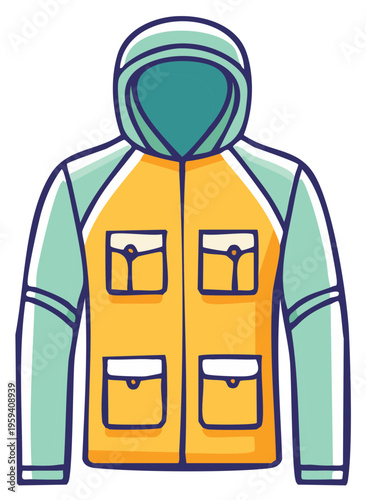 Cartoon Hiking Jacket with Hood and Pockets Yellow and Green Outfit